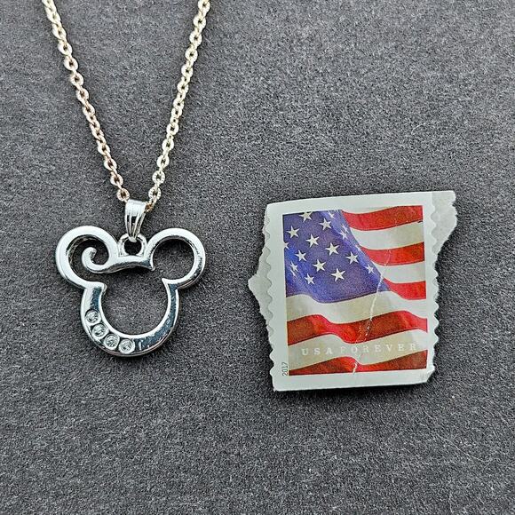 Disney Rhinestone Mickey Ears Charm Pendant Necklace On Silver Tone Chain - Picture 4 of 6